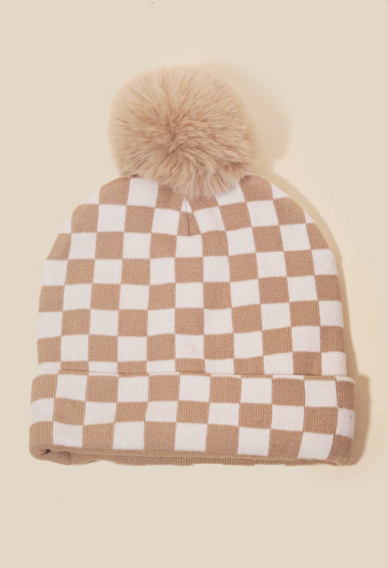 Tan Checkered Pom Beanie